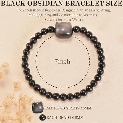 Agate Round Beaded Bracelet for Women Men Natural Agates Stone Healing Bracelets Stretch Elastic Handmade Polished Gemstone Beads Bracelet - color: Cat Black Obsidian, size: 6mm Beads