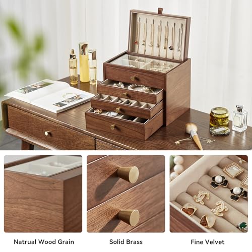 Walnut Wooden Women Jewelry Box with Pull-out Necklace Storage | 4 Layer Large Wood Jewelry Drawer Organizer, Glass Lid, For Watch Necklace Ring Earring Storage - style: 4 Layer B