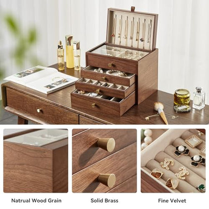 Walnut Wooden Women Jewelry Box with Pull-out Necklace Storage | 4 Layer Large Wood Jewelry Drawer Organizer, Glass Lid, For Watch Necklace Ring Earring Storage - style: 4 Layer B