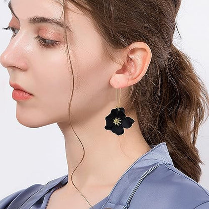 Bohemian Daisy Flower Matte Floral Long Petal Drop Dangle Earrings Layered Tiered for Women Chic Boho Wedding Jewelry - color: Black