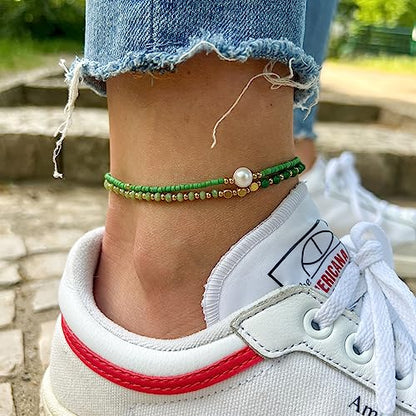 Made by Nami Boho Surfer Anklet Waterproof & Adjustable Beaded Anklets for Women Beachy Ankle Bracelet Made from Waxed Cotton Rope and Beads for Summer and Hippie Style - color: Green Pearl