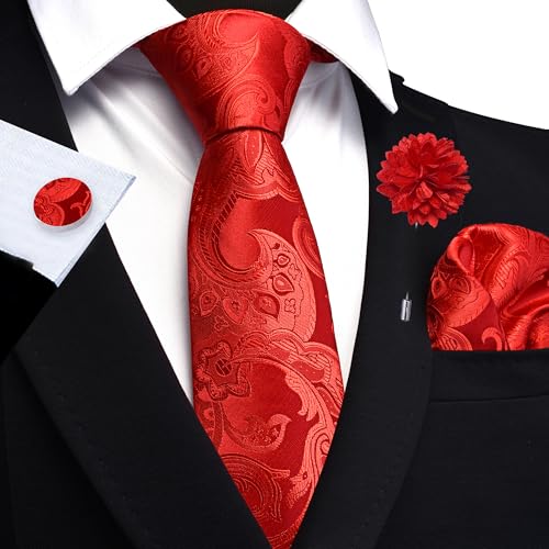 GUSLESON Paisley Tie Set for Men 3.15" Necktie Lapel Pin Hankerchief Cufflinks Set for Men - color: Red