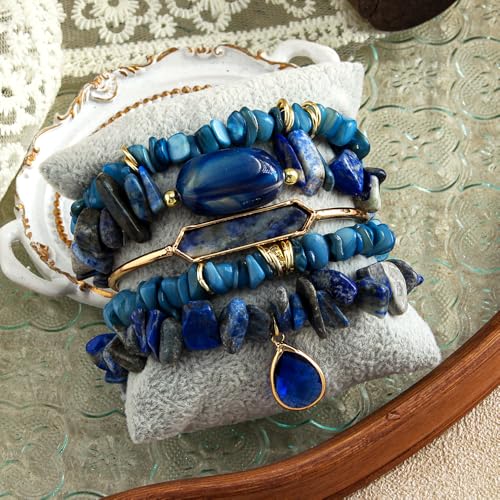 Yomisa 5PCS 6PCS Natural Boho Beaded Bracelets/Bangle for Women Men,Healing Turquoise Jasper Agate Crystal Gemstone Stone Chakra Multilayer Wrap Bohemian Handmade Jewelry Beads Stretch Bracelet Set - color: 5PCS-Sapphire blue