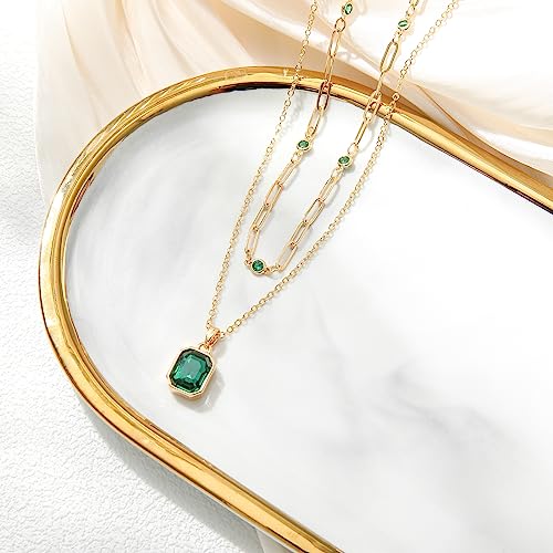 Gold Layered Necklaces for Women, 18k Gold Plated Crystal Necklace Paperclip Choker Emerald Green Jewelry for Women Gifts - color: Green