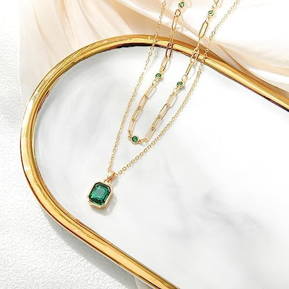 Gold Layered Necklaces for Women, 18k Gold Plated Crystal Necklace Paperclip Choker Emerald Green Jewelry for Women Gifts - color: Green