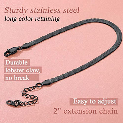 FindChic Elegant Herringbone Snake Chain Anklets/Bracelets 3MM/5MM Width Stainless Steel/18K Gold/Rose Gold Plated/Black 4 Color Options, 8.3'' 8.5'' 10.5'' Length, with Gift Box - color: A: 5mm 8.5'' anklet (Black)
