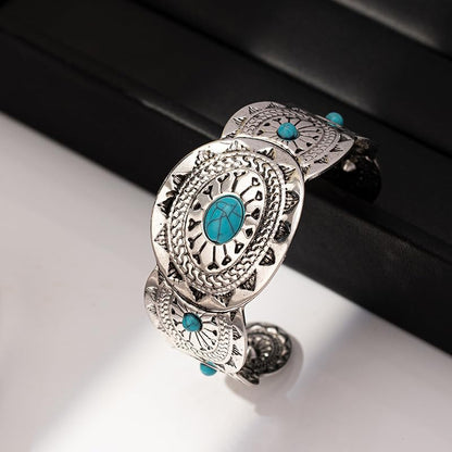 DATOA Bohemian Chunky Turquoise Bracelets Western Cowgirl Bangle Boho Cuff Bracelets for Women Silver Wide Bracelet for Holiday - color: Silver 02