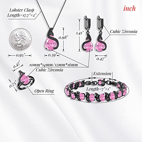 GZWHD Jewelry Set for Women Water Drop Cubic Zirconia Artificial Crystal Earrings Pendant Necklace Open Ring Tennis Bracelet Wedding Anniversary Birthday Engagement Gift for Bridesmaid Wife Girlfriend Friend - color: Black Gun-Pink