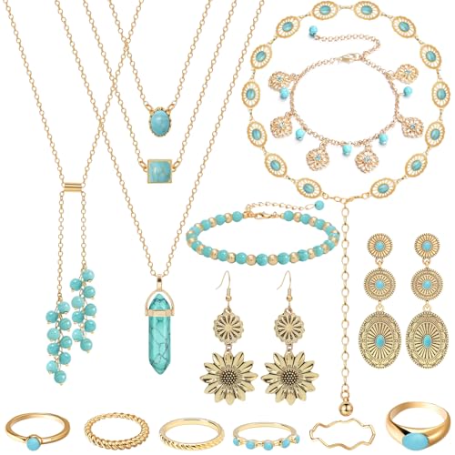 NEWITIN 15 Pieces Gold Bohemian Jewelry Set for Women Turquoise Jewelry Set | Costume Gold Jewelry, Western Jewelry, Belt Chain Necklaces Bracelets Rings Earrings Set for Women Party Daily, Women Gifts - color: Gold