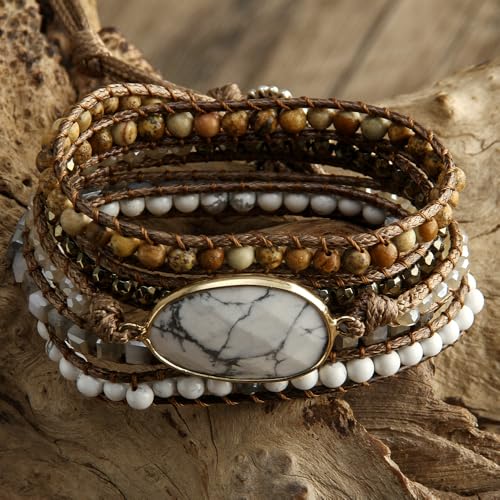 Women Wrap Bracelet Boho Natural Jasper Crystal Stone Beads Strand Bracelets - color: Style 18-White Turquoise