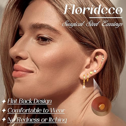 Florideco Hypoallergenic Flat Back Earrings for Women 14K Gold Plated Surgical Steel Stud Hoop Earrings for Sensitive Ears Stainless Steel Earrings Flatback Stud Cartilage Earring Set - color: 14K Gold Plated