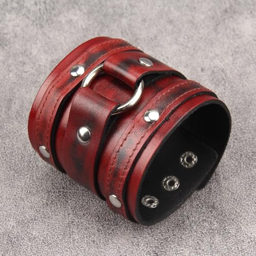 Jeilwiy Punk Leather Wristbands for Men Bracelets Handmade Wide Cuff Bangle Braided Jewelry Black Brown Adjustable - Punk Father's Gifts - color: Red Leather Cuff Bracelet
