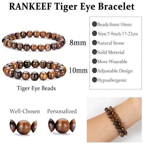 Mens Bead Bracelet Set - Adjustable Elastic Rope With 6&8MM Natural Stone Multi-Colored Beads - Tiger Eye Bracelets for Men - Gift - style: 2,8mm+10mm Tiger eye