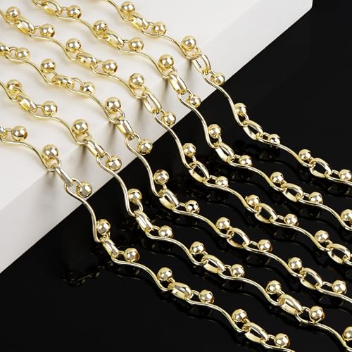 KYUNHOO 16.4FT Bulk Gold Chain for Crafting Charm DIY Jewelry Supplies | Gold Plated Jewelry Links Iron Metal Chains Bulk Light Beaded Chain for Handcrafts - color: Bead Gold