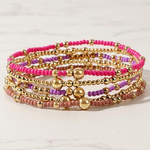 Stack Small Seed Bead Bracelets Set for Women, Boho Handmade Colorful Stretch Accessories Jewelry, Summer Beach Daily Wear Holiday Friendship Gift - color: Purple