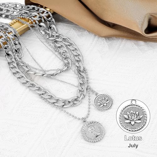 MJartoria Gold Layered Necklaces for Women Trendy Retro Birthflower Coin Pendant Necklace Dainty Chunky Chain Choker Necklaces for Jewelry Birthday Gifts - color: Silvery, style: July Birthflower-Lotus