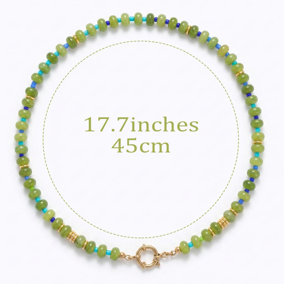 BELLA-Bee Natural Stone Beaded Choker, Multi Color Boho Jewelry Gift | Small bead natural stone choker with stainless steel ring clasp — multicolor stone, handmade healing jewelry for vacation - color: Green