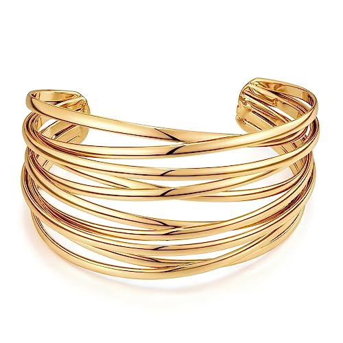 Gold Cuff Bracelet for Women Chunky Multi-layer Cross Wire Open Bracelet Hollow Wide Cuff Bracelets Adjustable Gold Open Cuff Bangle Bracelet - color: Wide Wire Gold Bracelet