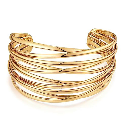 Gold Cuff Bracelet for Women Chunky Multi-layer Cross Wire Open Bracelet Hollow Wide Cuff Bracelets Adjustable Gold Open Cuff Bangle Bracelet - color: Wide Wire Gold Bracelet