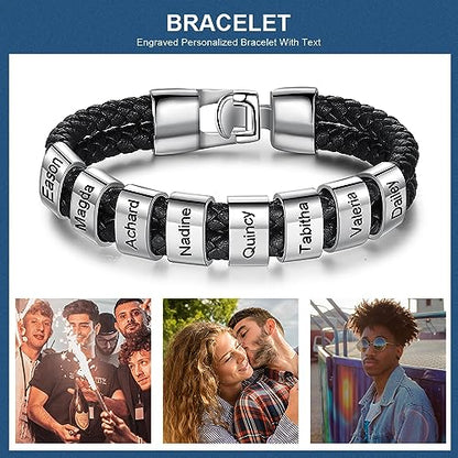 Personalized Braided Leather Bracelet with Photo Custom Name Beads Cuff Bangle Jewelry Gifts for Men Dad Husband Grandpa Fathers Day - color: Style 2--White-8.5inch
