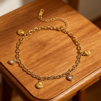 Dainty 18K Gold Plated Stainless Steel Cross Chain Anklet for Women, Adjustable 8 Inch Ankle Bracelet with 2 Inch Extension, Seashell & Heart Crystal Charms Beach Foot Jewelry for Vacation Party Daily Heels