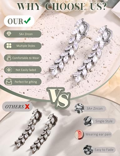 Florideco Silver Plated Clip On Earrings Wedding Dangle Earrings for Women - color: S-Long Leaves