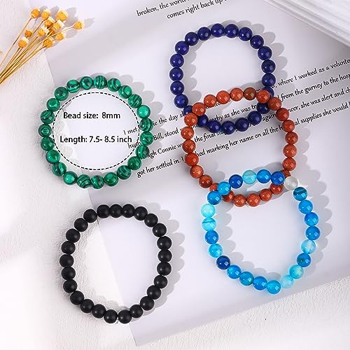 FIRAZIO 16PCS Crystal Stone Beaded Bracelets for Women Men 8MM | Semi-Precious Gemstone Bracelet Round Beaded Stretch Bracelets Unisex Stress Relief Yoga Bracelets Gifts