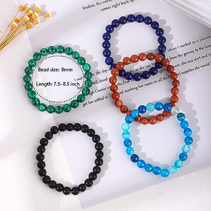 FIRAZIO 16PCS Crystal Stone Beaded Bracelets for Women Men 8MM | Semi-Precious Gemstone Bracelet Round Beaded Stretch Bracelets Unisex Stress Relief Yoga Bracelets Gifts