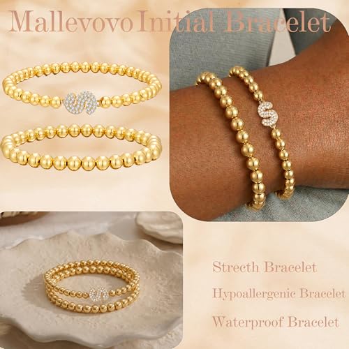 Initial Stack Bracelet Set for Women Trendy 14K Gold Plated Beaded Stackable Stacking Stretch Name Bracelets Dainty Friendship Waterproof Charm Cute Birthday Jewelry Gifts for Women - color: Initial S