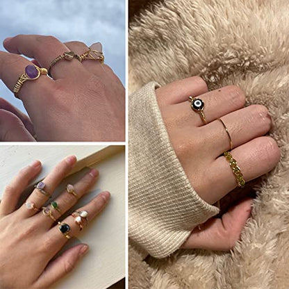 9 PCS Healing Crystal Ring, Adjustable Wire Wrapped Rings Irregular Gemstone Rings Set for Women - color: Gold-Style A