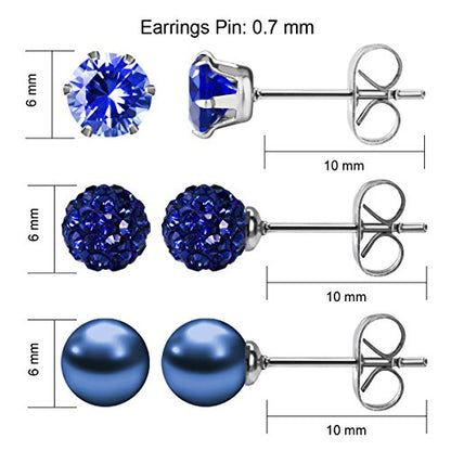 JewelrieShop Birthstone Studs Earring Set Cubic Zirconia Rhinestones Crystal Ball Faux Pearl Stainless Steel Stud Earrings for Women Jewelry Gift (6mm Round,3 Pairs) - color: 9) Sept. - Deep Blue