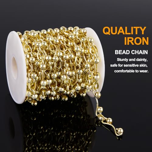 KYUNHOO 16.4FT Bulk Gold Chain for Crafting Charm DIY Jewelry Supplies | Gold Plated Jewelry Links Iron Metal Chains Bulk Light Beaded Chain for Handcrafts - color: Bead Gold