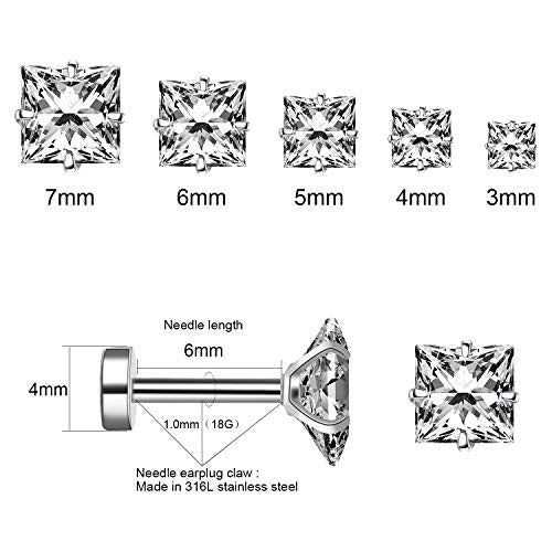 Princess Cut Clear Cubic Zirconia Stud Earrings for Women Men Square Earrings Studs Hypoallergenic Surgical Steel Helix Screw Back Earrings 18G 5 Pairs 3-7mm - color: Silver-A