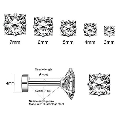 Princess Cut Clear Cubic Zirconia Stud Earrings for Women Men Square Earrings Studs Hypoallergenic Surgical Steel Helix Screw Back Earrings 18G 5 Pairs 3-7mm - color: Silver-A