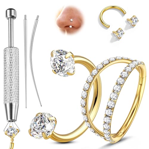ORAZIO 18G Horseshoe Nose Rings for Women Men Double Gem Horse Shoe Nose Ring Hoops Surgical Steel Silver Gold Cartilage Helix Tragus Daith Earrings Labret Lip Piercing Jewelry Cute Small Septum Rings - color: Gold-Double CZ Hoop