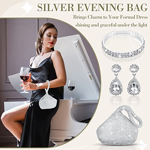 4 Pcs Silver Clutch Purse Jewelry Set for Women Rave Accessories Evening Rhinestone Purse Silver for Bride Wedding - style: Novel Style