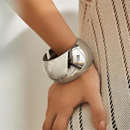 Extra Wide Chunky Bangle Bracelets for Women Dainty Minimalist Classic 14K Yellow Gold Plated Cuff Wrist Open Bangles Statement Unique Exaggerate High Polished Fashion Trendy Jewelry Gift - color: Silver