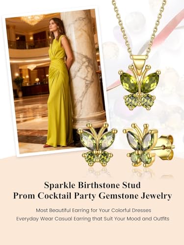 Bestyle Gold Butterfly Earrings for Women, Dainty Cute Birthstone Studs Hypoallergenic Jewelry, Great Birthday Gift - style: August (Peridot)-Gold STUD