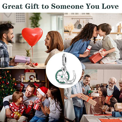 925 Sterling Silver Charm for Bracelet Necklace Women Dangle Pendant Beads | Love Faith Mom Ocean travel Butterfly Party Charm Beads Pendants DIY Jewelry Gift - color: Horseshoe Print Clover Charm