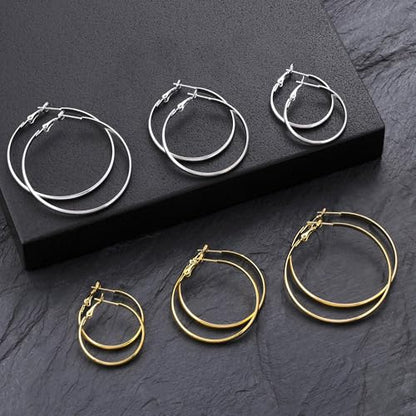 5/12 Pairs Gold Silver Plated Hoop Earrings for Women, Hypoallergenic Stainless Steel Hoops Earrings Set, Lightweight Large Small Hoops Women Earrings Loop Earrings Set - color: 6 Pairs Silver Gold Plated Flat Round Shape Hoop Earrings