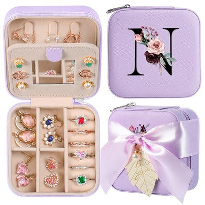 AYGXU Travel Jewelry Box for Women and Girls - Small Case With Initial A-Z - Teacher Gifts - color: purple, size: N