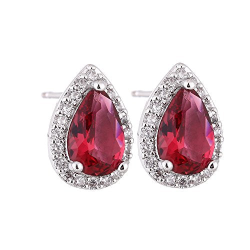 Women's Wedding Jewelry Set for Bride Teardrop CZ Necklace Earrings Set | Sterling Silver Pear Shape Necklace and Studs Crystal Rhinestone Costume Jewelry for Party Prom Bridesmaids - color: Ruby
