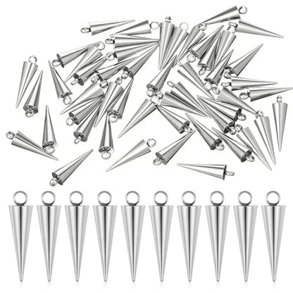 50 Pcs Stainless Steel Cone & Spike Charms Spike Beads Silver Cones Charm Cone Pendants Spikes Punk Style Dangle Earrings & Bracelet Charms for DIY Necklaces Bracelets Earring Making