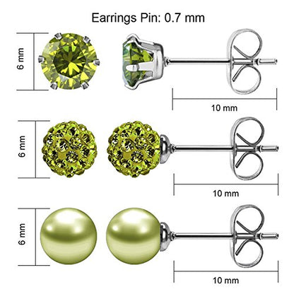 JewelrieShop Birthstone Studs Earring Set Cubic Zirconia Rhinestones Crystal Ball Faux Pearl Stainless Steel Stud Earrings for Women Jewelry Gift (6mm Round,3 Pairs) - color: 8) Aug. - Deep Olive