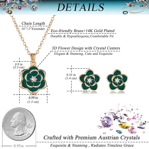 EVEVIC Dainty Flower Pendant Necklace Earrings for Women 14K Gold Plated Hypoallergenic Jewelry Sets - color: Green /Rose Gold-tone
