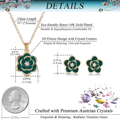EVEVIC Dainty Flower Pendant Necklace Earrings for Women 14K Gold Plated Hypoallergenic Jewelry Sets - color: Green /Rose Gold-tone