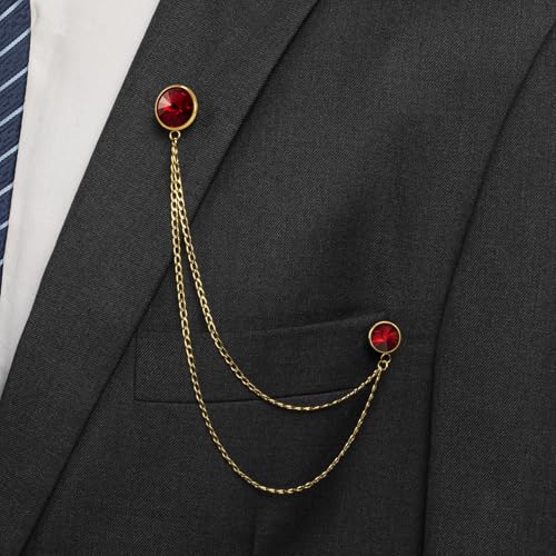 HAWSON Birthstone Brooch Pin for Men with Hanging Chain & Crystal, Mens Gold Tone Lapel Pin for Wedding/Birthday/Party Dress Suits Accessories - color: January Garnet