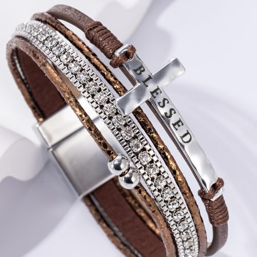 Boho Leather Wrap Bracelets Beaded Stackable Cuff Bracelet Country Concert Outfits Cowboy Cowgirl Western Jewelry Gifts for Women - color: Cross-Brown