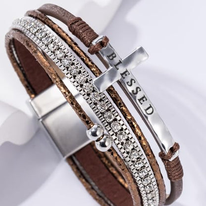 Boho Leather Wrap Bracelets Beaded Stackable Cuff Bracelet Country Concert Outfits Cowboy Cowgirl Western Jewelry Gifts for Women - color: Cross-Brown