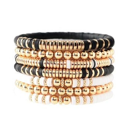 GOOJIDS Surfer Heishi Clay Bead Bracelets for Women Bohemian Stackable Gold Plated Beaded Stretch Bracelets Elastic Layering Friendship Bracelets Set Boho Jewelry - color: E-Black&White 7pcs
